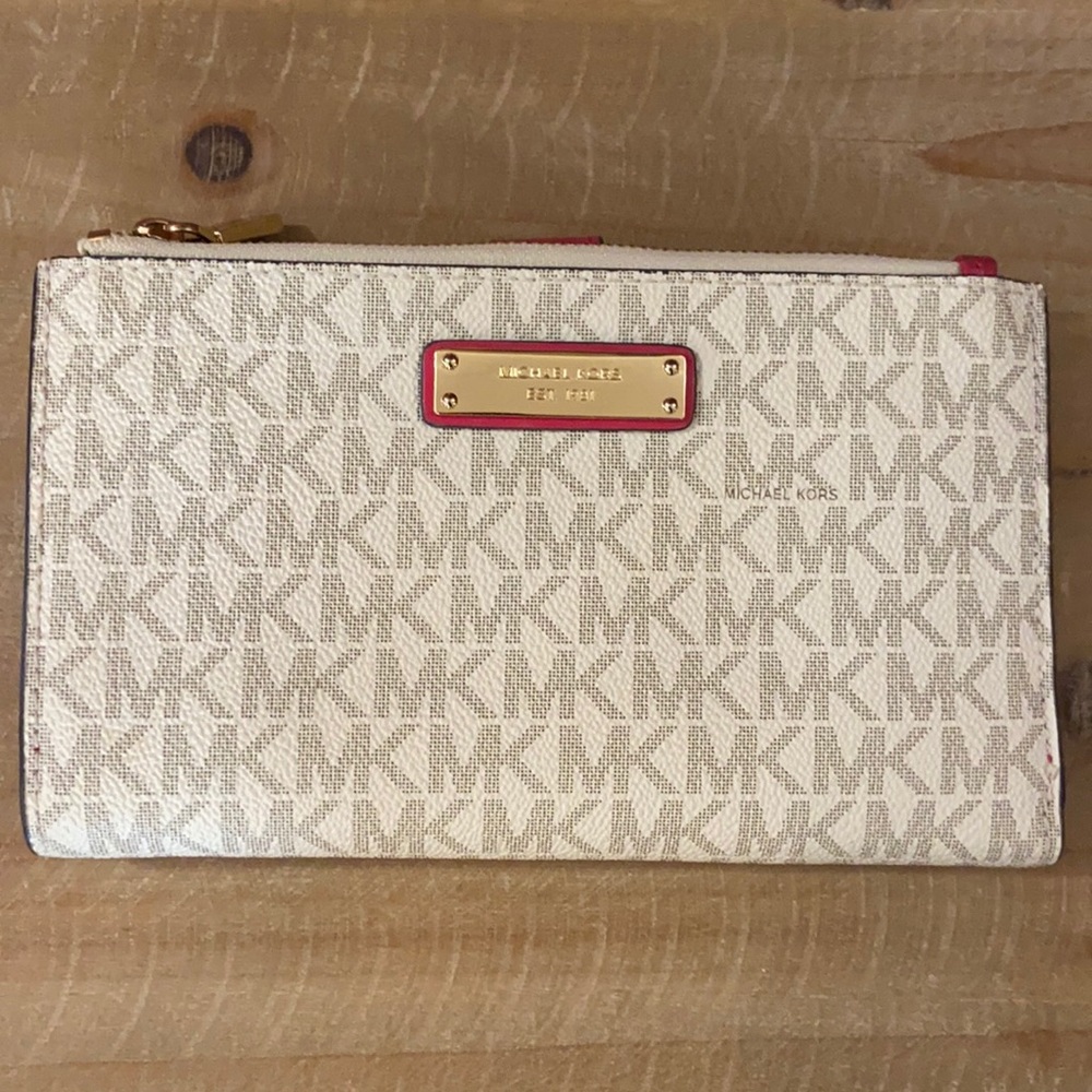 MICHAEL KORS Jet Set Multi Hot Pink Large Double Zip Wallet